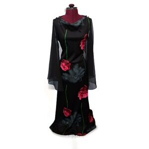 VTG Black Rose Vamp Gothic Whimsigoth Maxi Dress Slit Chiffon Angel Sleeve‎ M/L